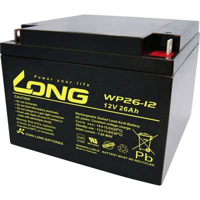Černý akumulátor značky 'Long', model WP26-12, 12V 26Ah. Obsahuje výstražné pokyny a symboly pro recyklovatelné materiály.