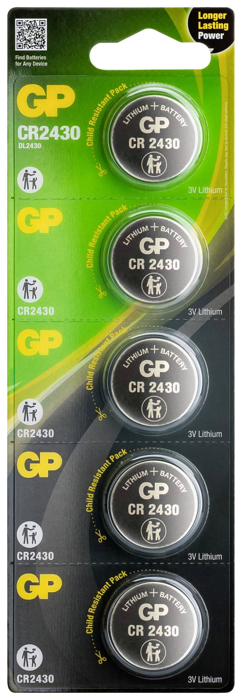 Čtyři knoflíkové články GP Ultra+ CR2430 v jednom balení, zelené nahoře a šedé dole, s nápisem "LONGER LASTING POWER".