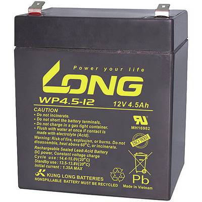 12V 4,5Ah olověná akumulátorová baterie s žlutým potiskem: 'LONG WP4.5-12'. Výstražné a bezpečnostní pokyny na přední straně.