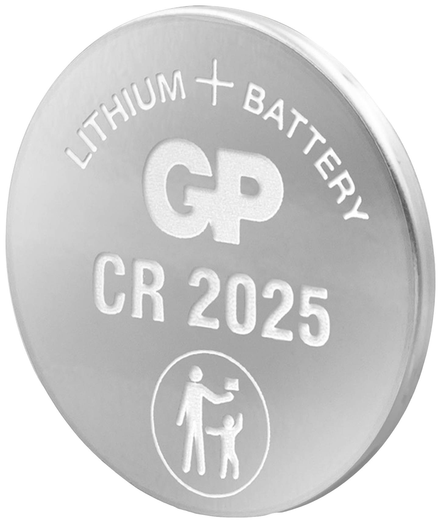 Stříbrná knoflíková buňka s nápisem „GP Ultra+ Lithium CR2025" a symbolem pro dohled dětí; produktu baterie