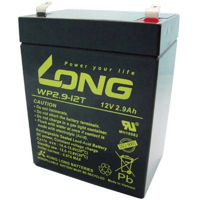 Černá, obdélníková baterie s zeleným nápisem 'LONG', 12V, 2.9Ah. Na povrchu jsou vytištěny výstražné štítky a symboly pro recyklaci.
