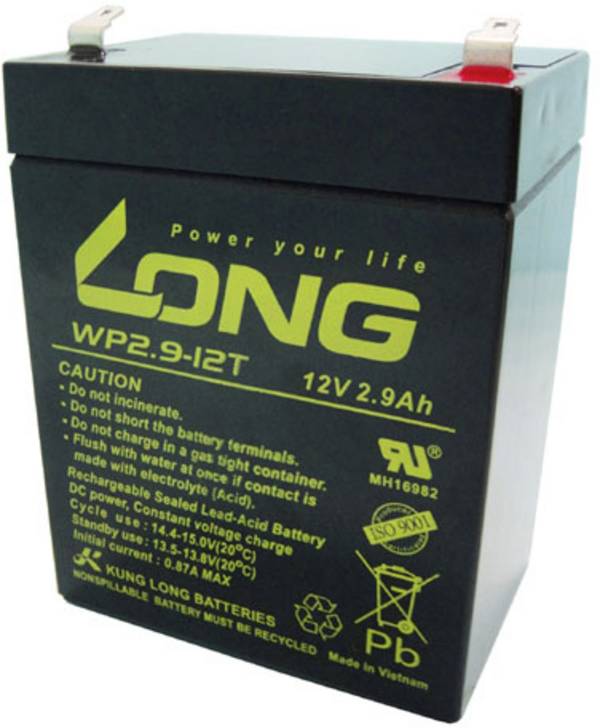 Long WP2.9-12 WP2.9-12 olověný akumulátor 12 V 2.9 Ah olověný se skelným rounem (š x v x h) 79 x 107 x 56 mm plochý konektor 4,8 mm nepatrné vybíjení, bezúdržbové