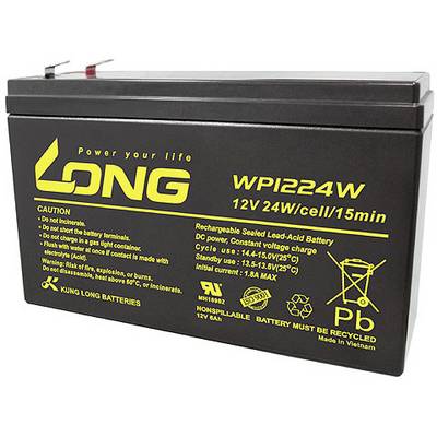Baterie 'WPI 224W' od Long, 12V, 24W/článek. Dobíjecí, olověná. Upozornění: Nevhazujte do ohně. Vyrobeno ve Vietnamu.