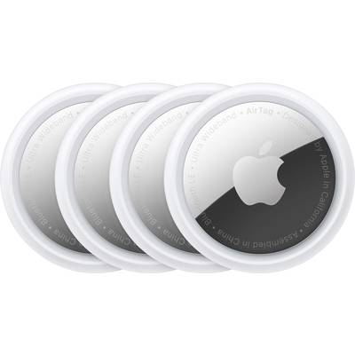 Čtyři Apple AirTagy položené přes sebe ukazují logo Apple a nápisy „Ultra Wideband", „Bluetooth LE" a „Navrženo společností Apple v Kalifornii".