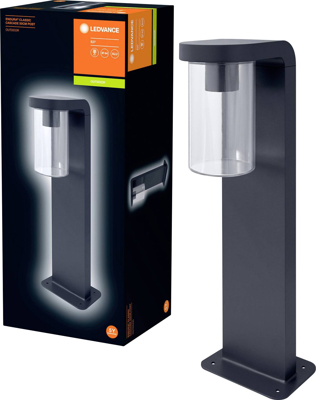 LED venkovní svítidlo s válcovitým sklem, nasazené na černém obdélníkovém podstavci. Obal zobrazuje obrázek produktu.