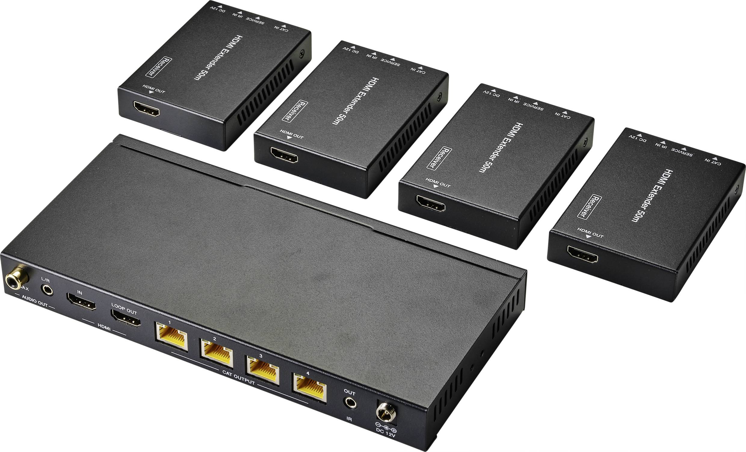 Pět HDMI extenderů: Hlavní zařízení se čtyřmi ethernetovými výstupy a čtyři menší přijímače umožňující přenos HDMI signálu.
