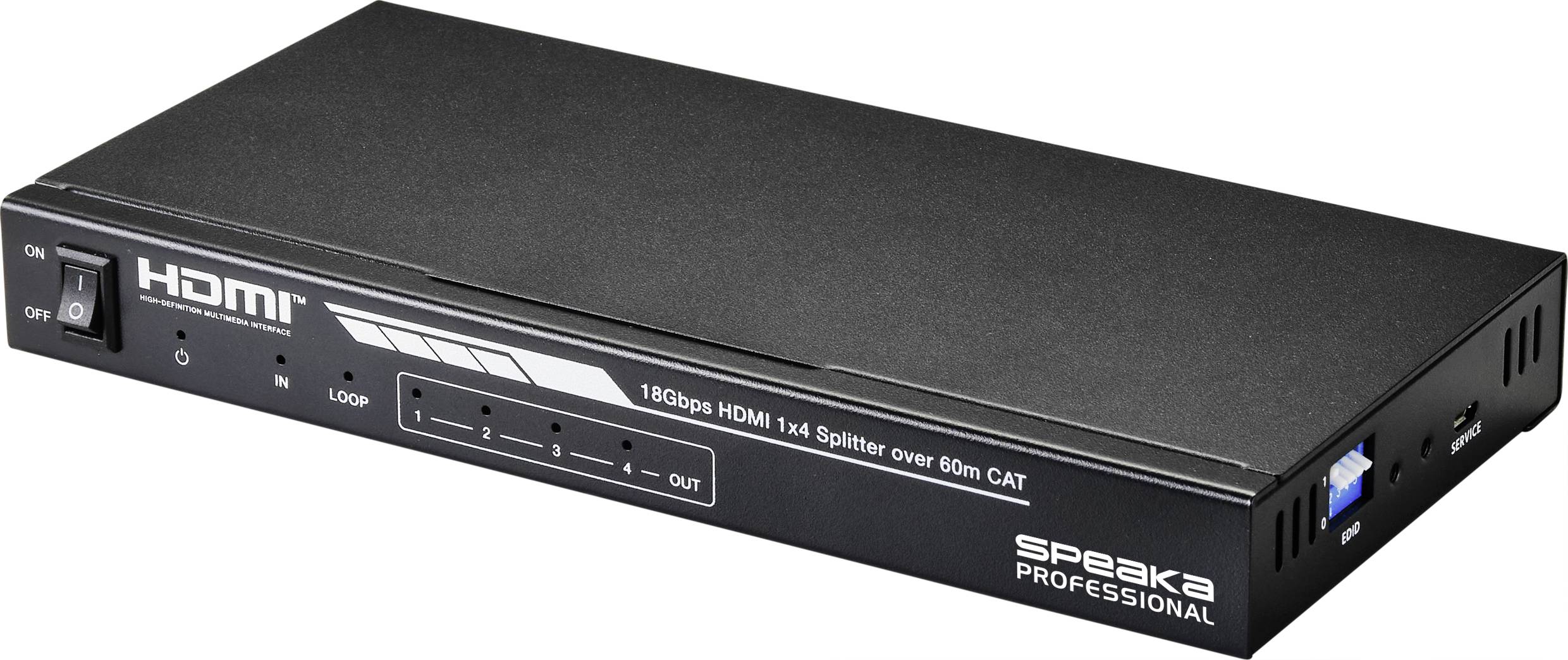 Černý HDMI rozbočovač s 1x4 porty, s logem značky 'Speaka Professional', vhodný pro ethernetové kabely, zobrazuje vstupy a výstupy na přední straně.
