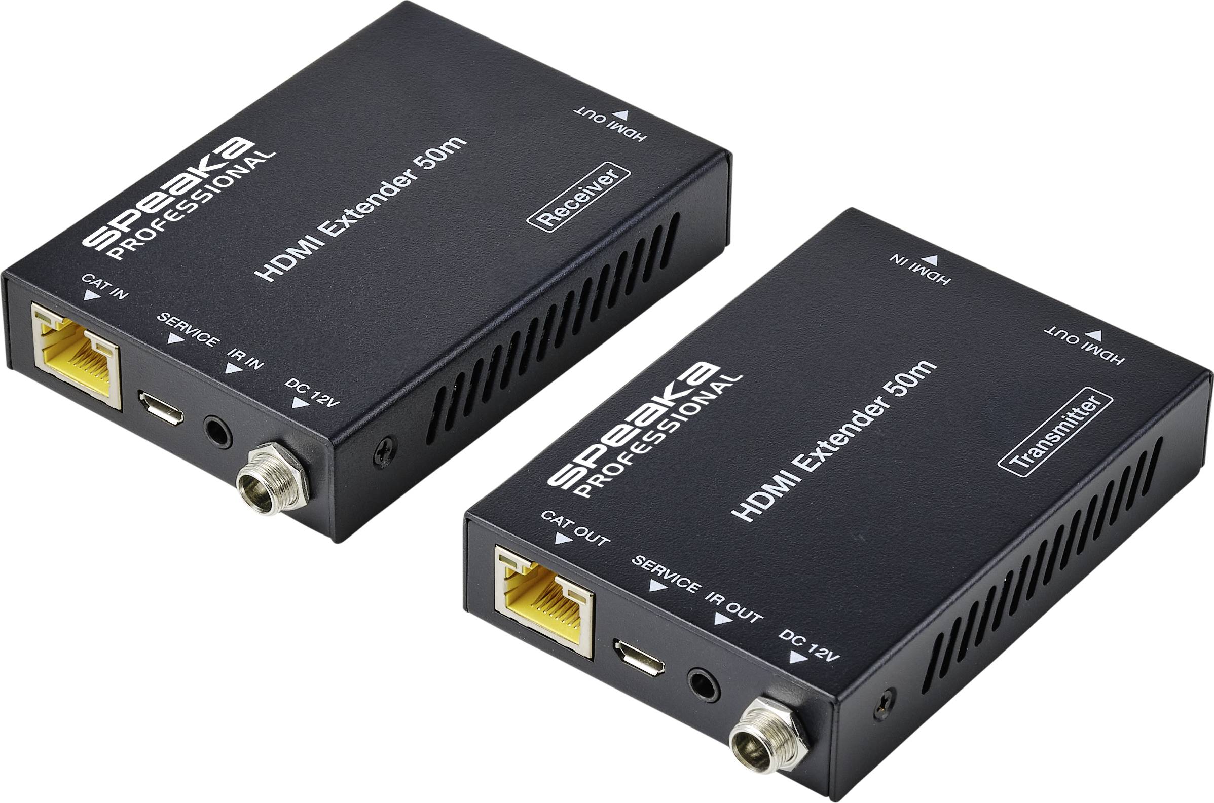 Sada HDMI extenderu se sílačem a přijímačem. Sílač má vstupy HDMI a LAN, přijímač má výstupy LAN a HDMI.