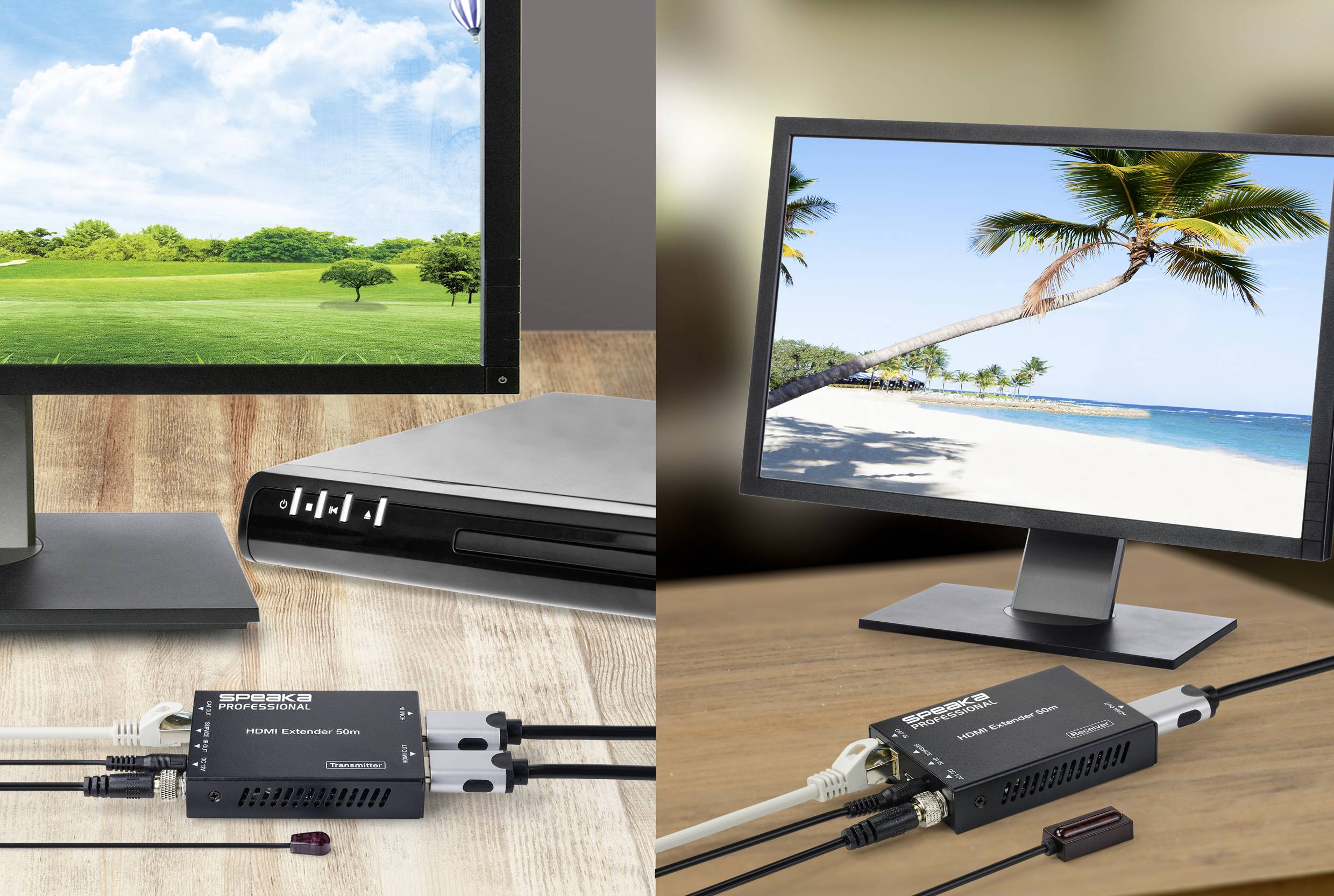 Psací stůl se dvěma monitory, propojené přes prodlužovací HDMI kabel. Vlevo: zelený trávník; vpravo: pláž s palmami.