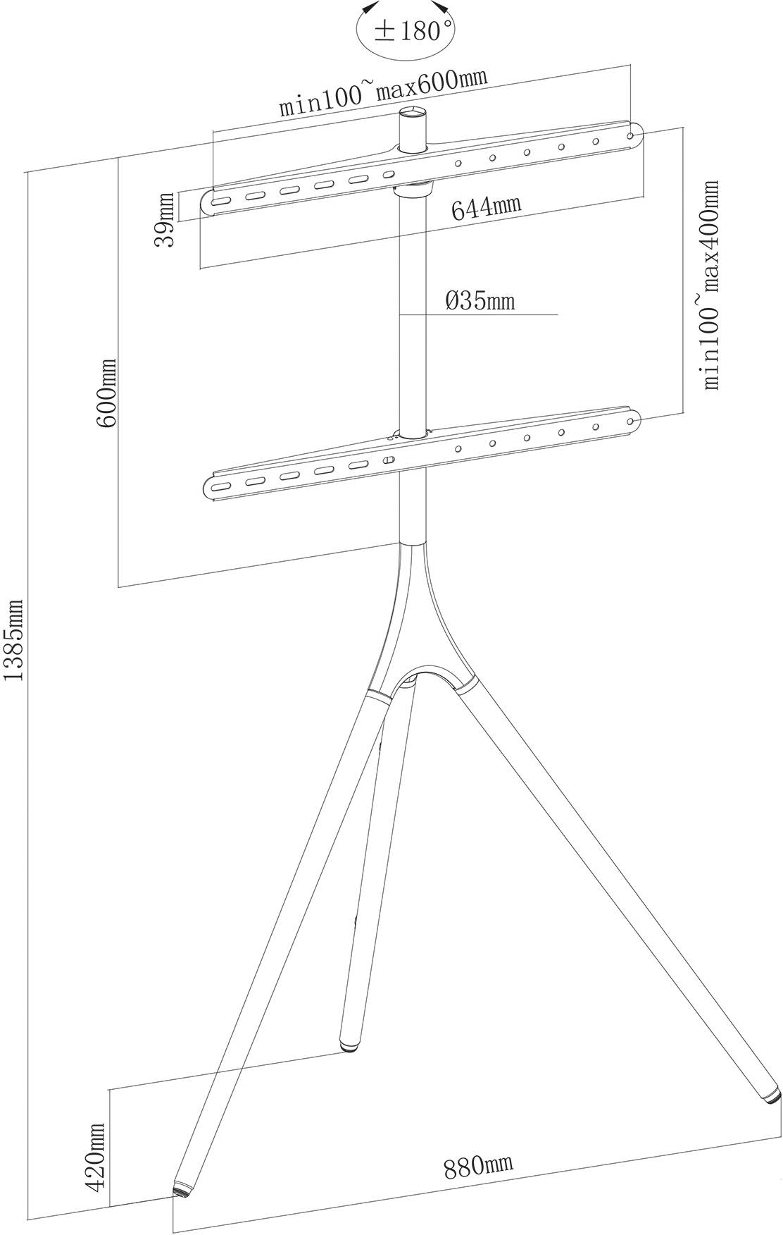 Stojan s rozměry: výška 1385 mm, šířka 880 mm. Nastavitelné držáky nahoře: 600 mm až 1000 mm, dole: 420 mm. Ideální pro displeje.