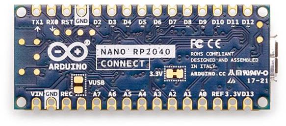 Deska Arduino s nápisem 'Arduino Nano RP2040 Connect', s četnými piny a připojovacími body.