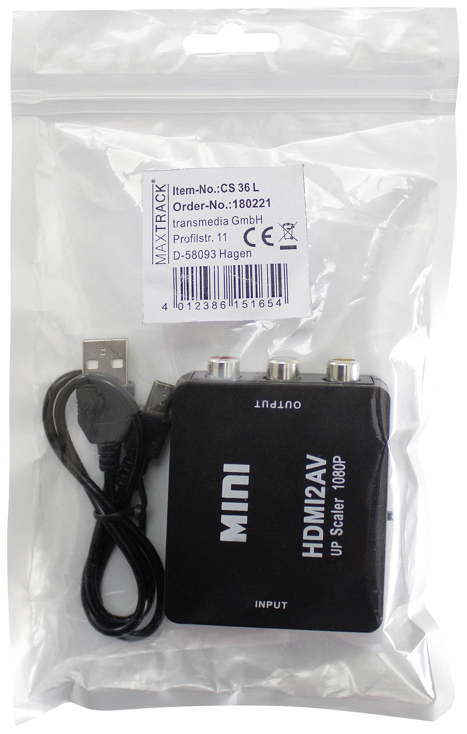Černý mini HDMI na AV adaptér a USB kabel v průhledném obalu. Zařízení převádí HDMI signály na AV výstup.