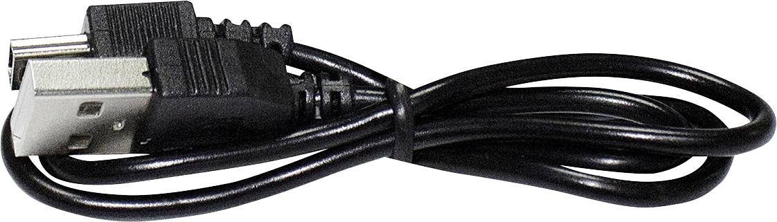 Černý USB kabel se zástrčkou USB-A na jednom konci a kulatou zástrčkou na druhém konci, zobrazený v navlečené poloze.