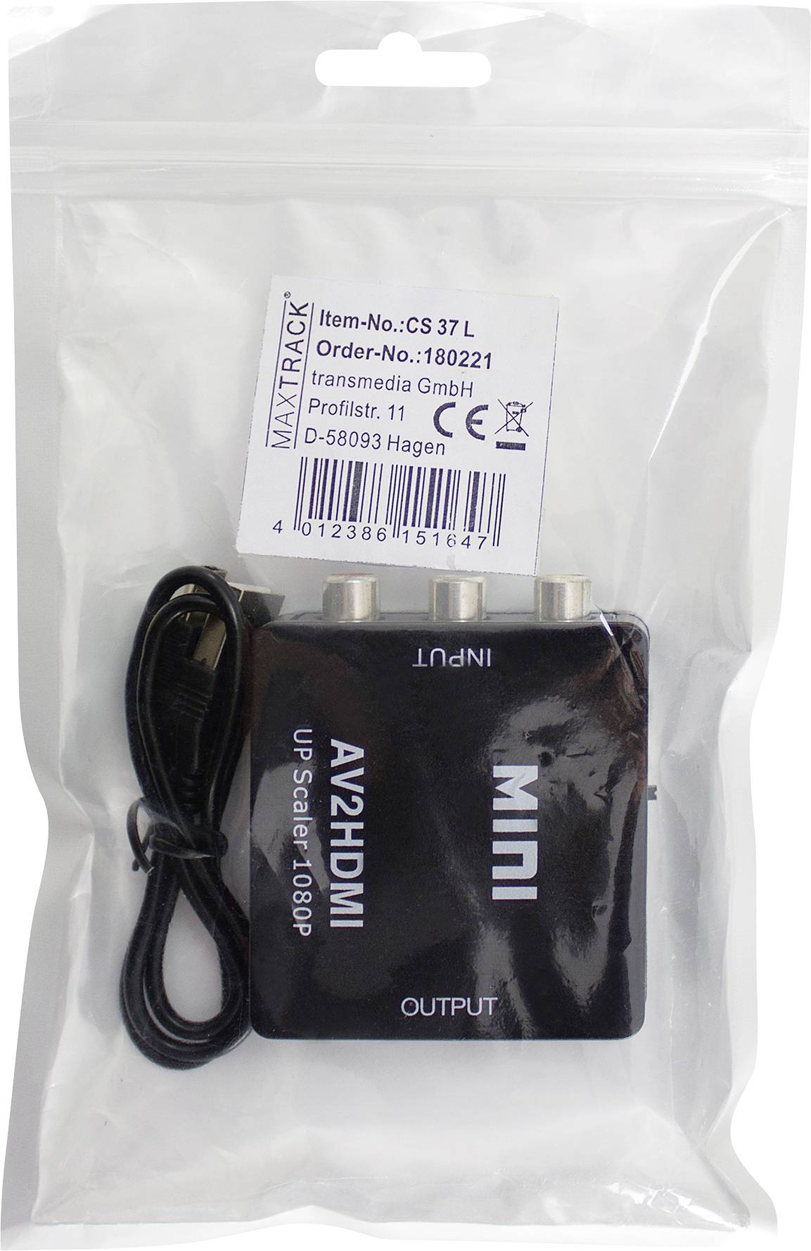 Minikonvertor AV2HDMI v plastovém obalu. Černé pouzdro s USB kabelem. Štítek s objednacím číslem a adresou.