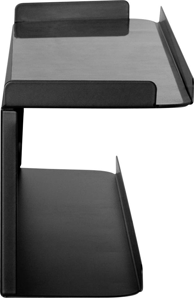 Stohovatelný černý kovový organizér se zaoblenými rohy a dvěma úložnými plochami určený pro ukládání dokumentů nebo kancelářských potřeb.