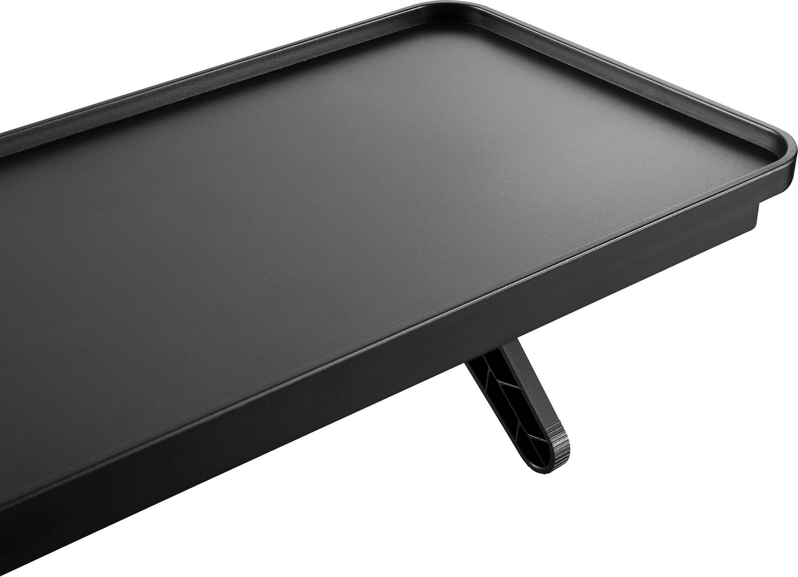 Černá obdélníková stolní deska s mírně zvýšeným okrajem umístěná na jedné noze. Minimalistický design vhodný do moderních interiérů.