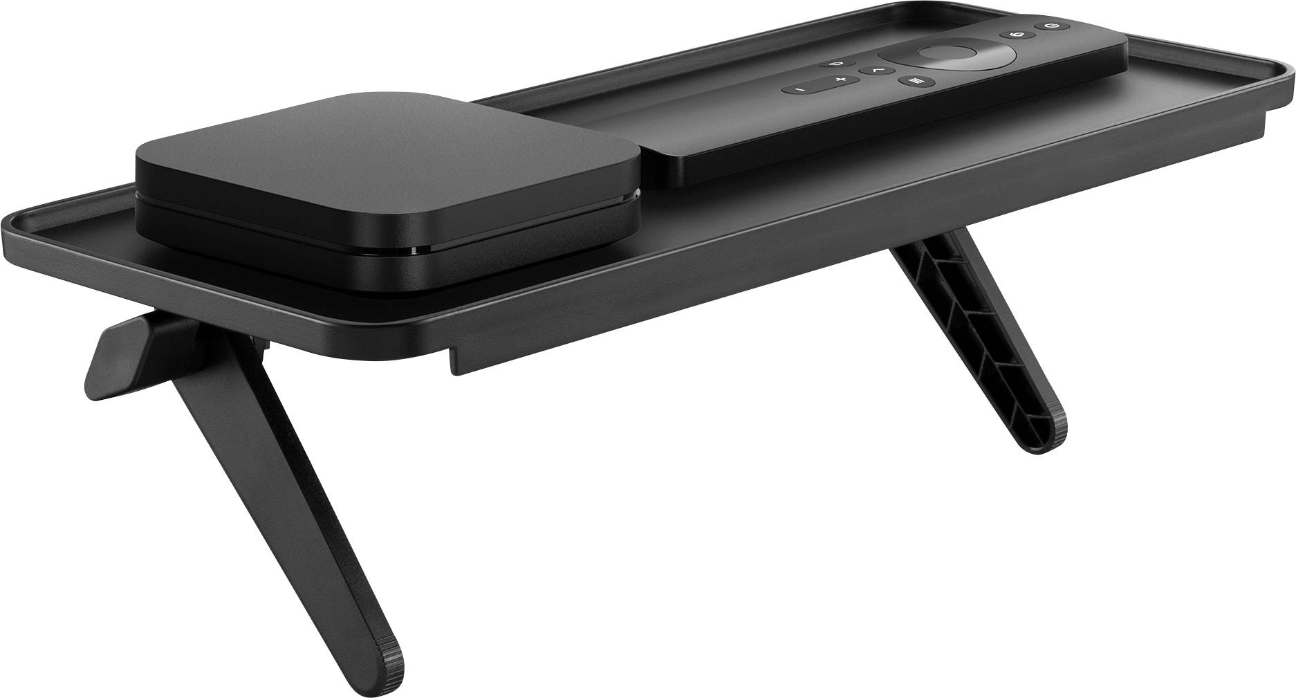 Černý plastový stojan na monitor s USB hubem a odkládací plochou, stojící na sklopných nohách. Vhodný pro organizaci pracovního stolu.
