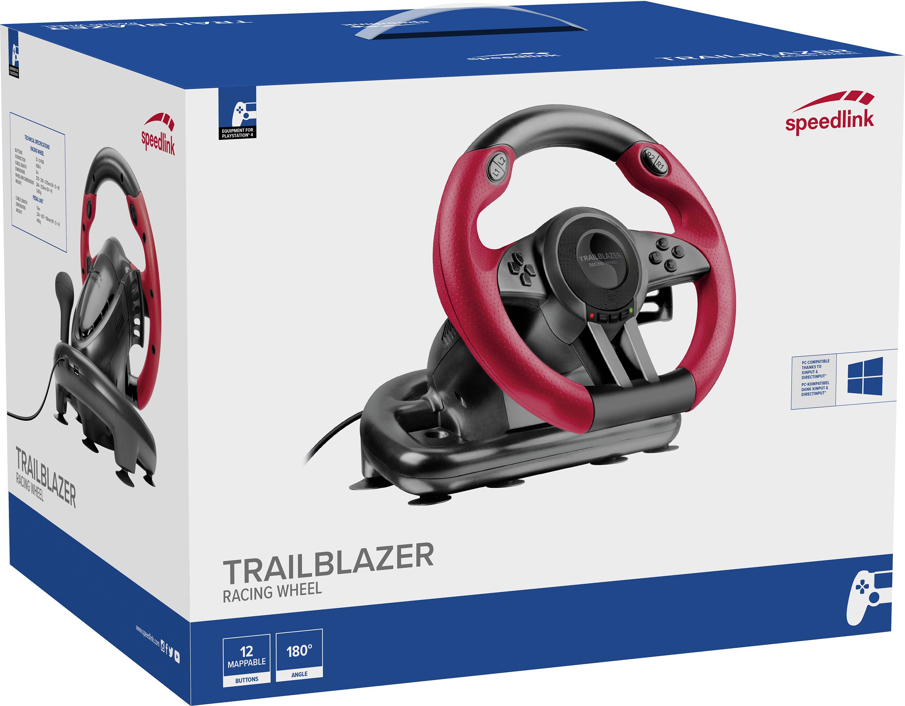 Obal herního volantu značky 'Speedlink Trailblazer' s červenými a černými detaily, zobrazený z různých pohledů.