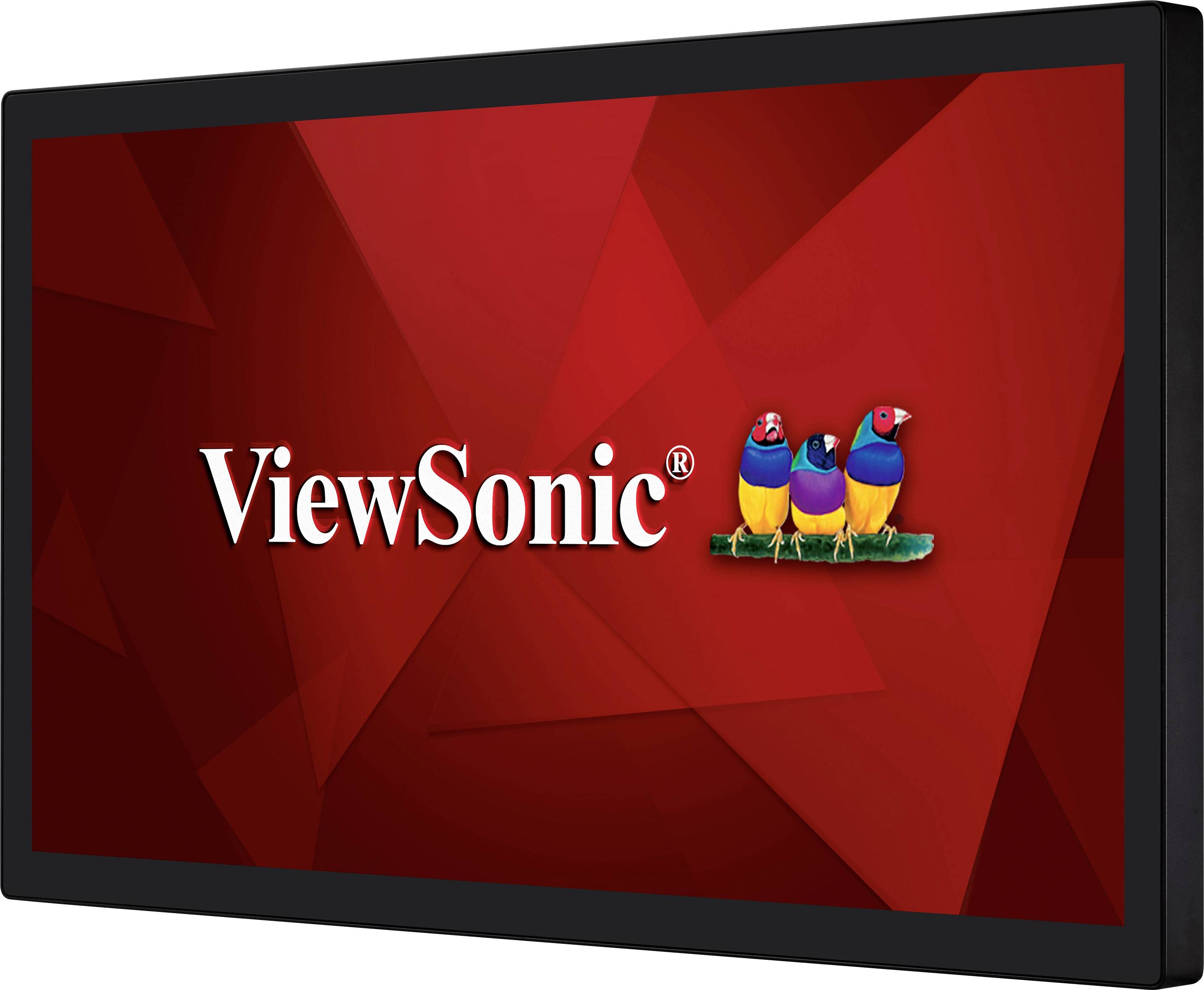 Červené pozadí s bílým textem 'ViewSonic' a třemi barevnými ptáky vedle.