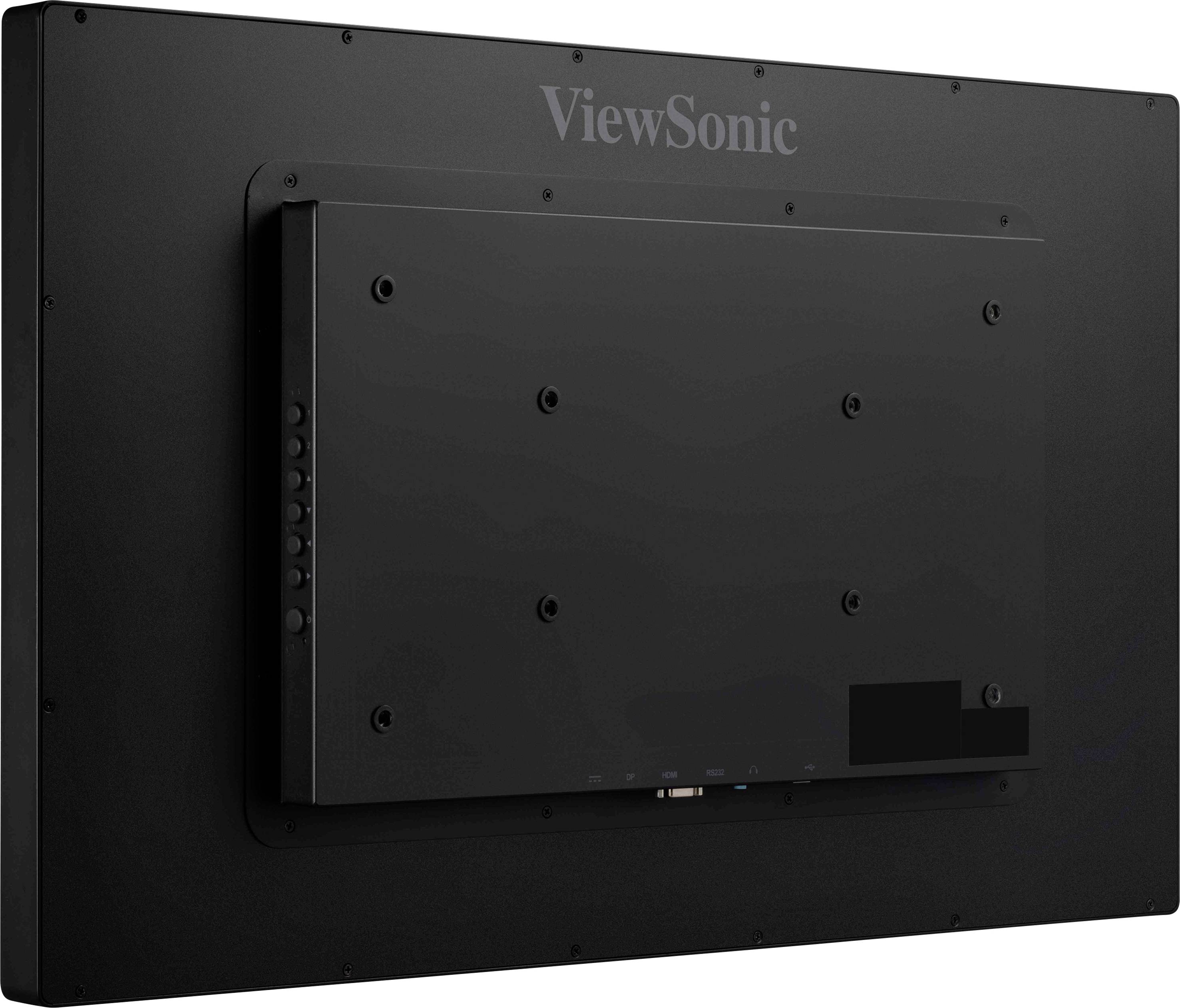 Zadní strana černého monitoru s nástěnným držákem. Je patrná značka ViewSonic.