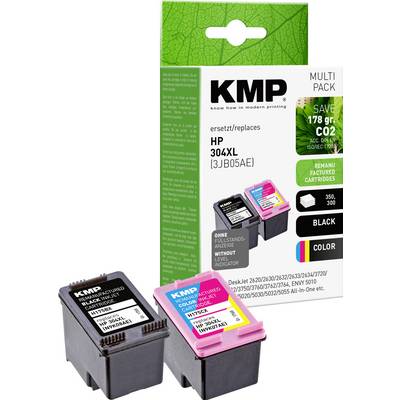 Inkoustové kazety KMP kompatibilní s HP 304XL v multipacku, obsahující černou a barevné kazety. Balení zdůrazňuje ekologické výhody.