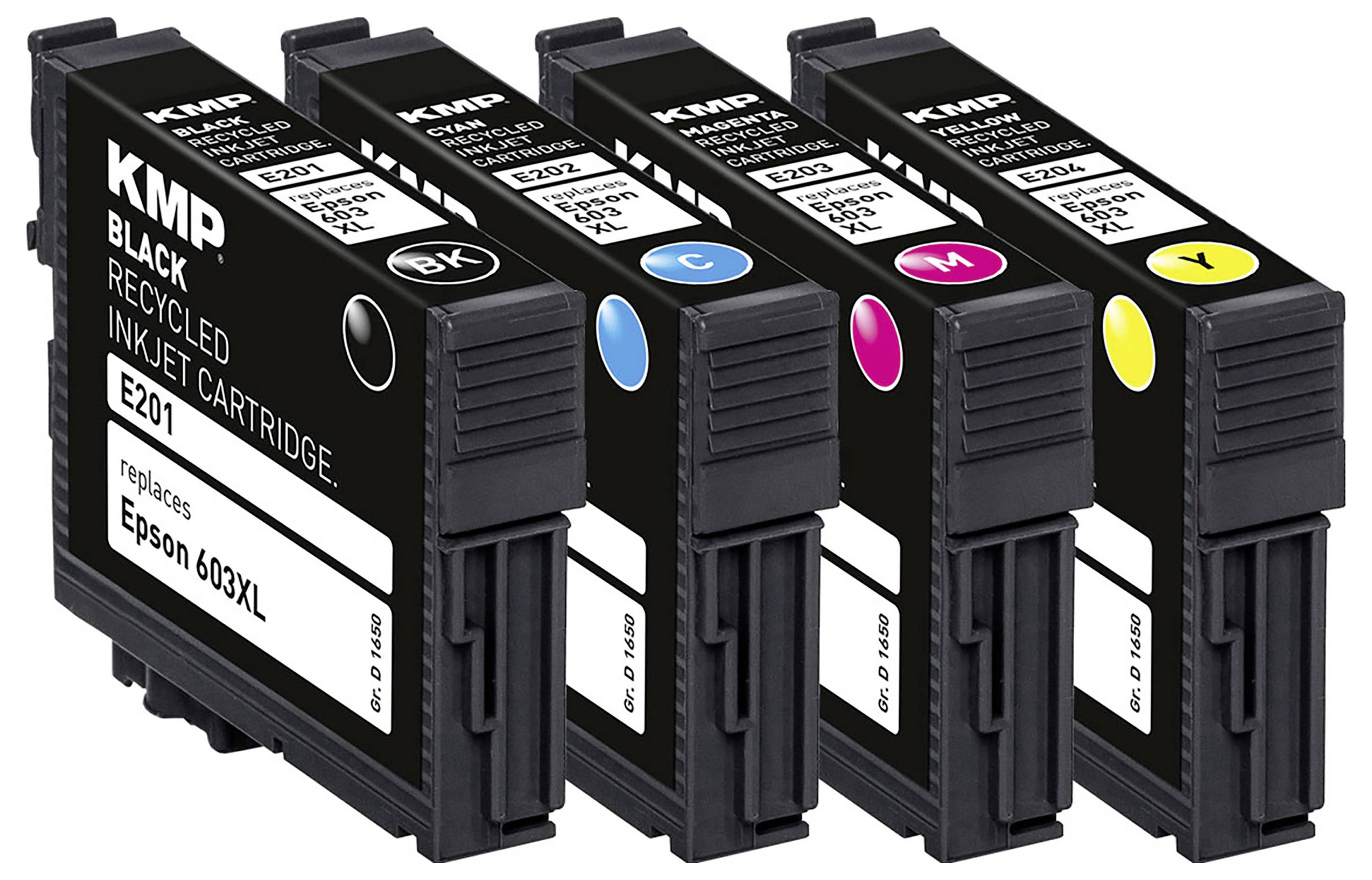 Čtyři inkoustové kazety značky 'KMP' v černé, azurové, purpurové a žluté barvě, označené jako 'recyklované', kompatibilní s tiskárnami Epson 603XL.