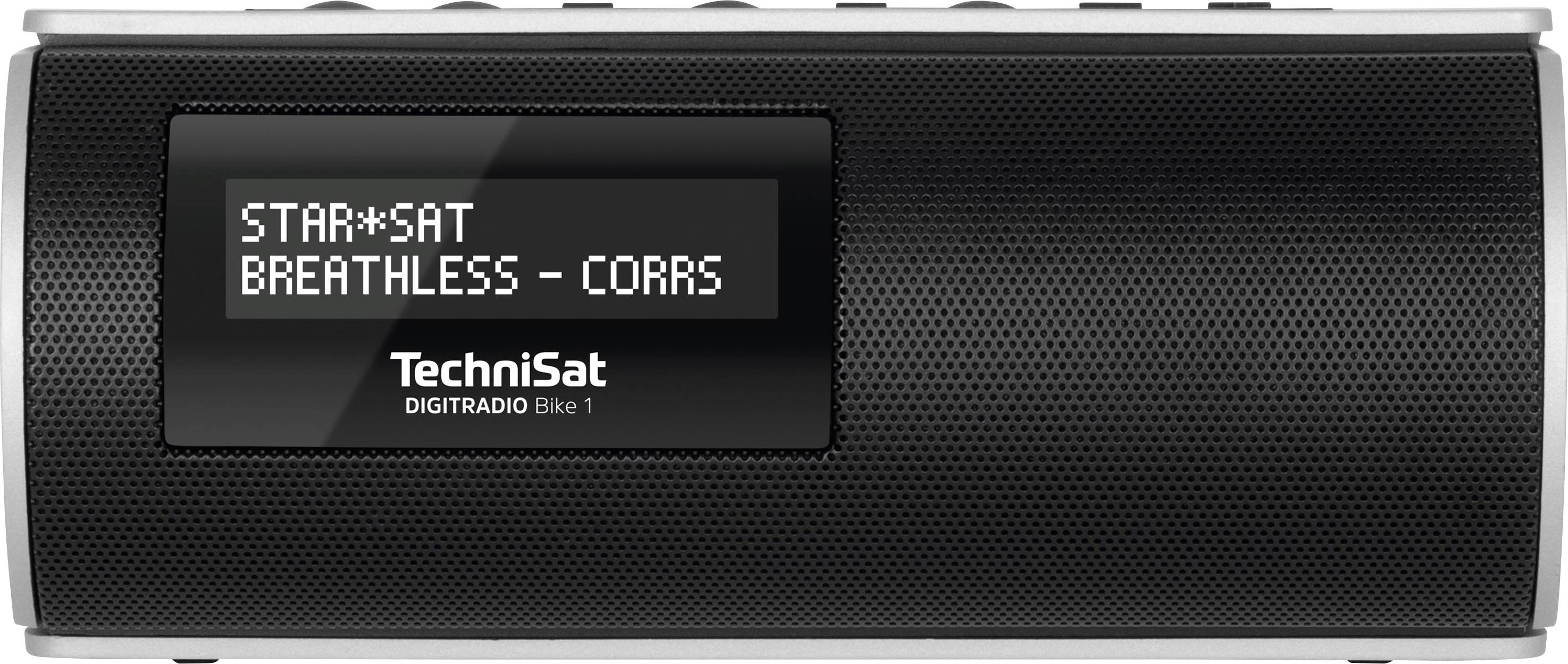 Černé digitální rádio s displejem zobrazuje 'STAR*SAT BREATHLESS - CORRS'. Značka: TechniSat, Model: Digitradio Bike 1.