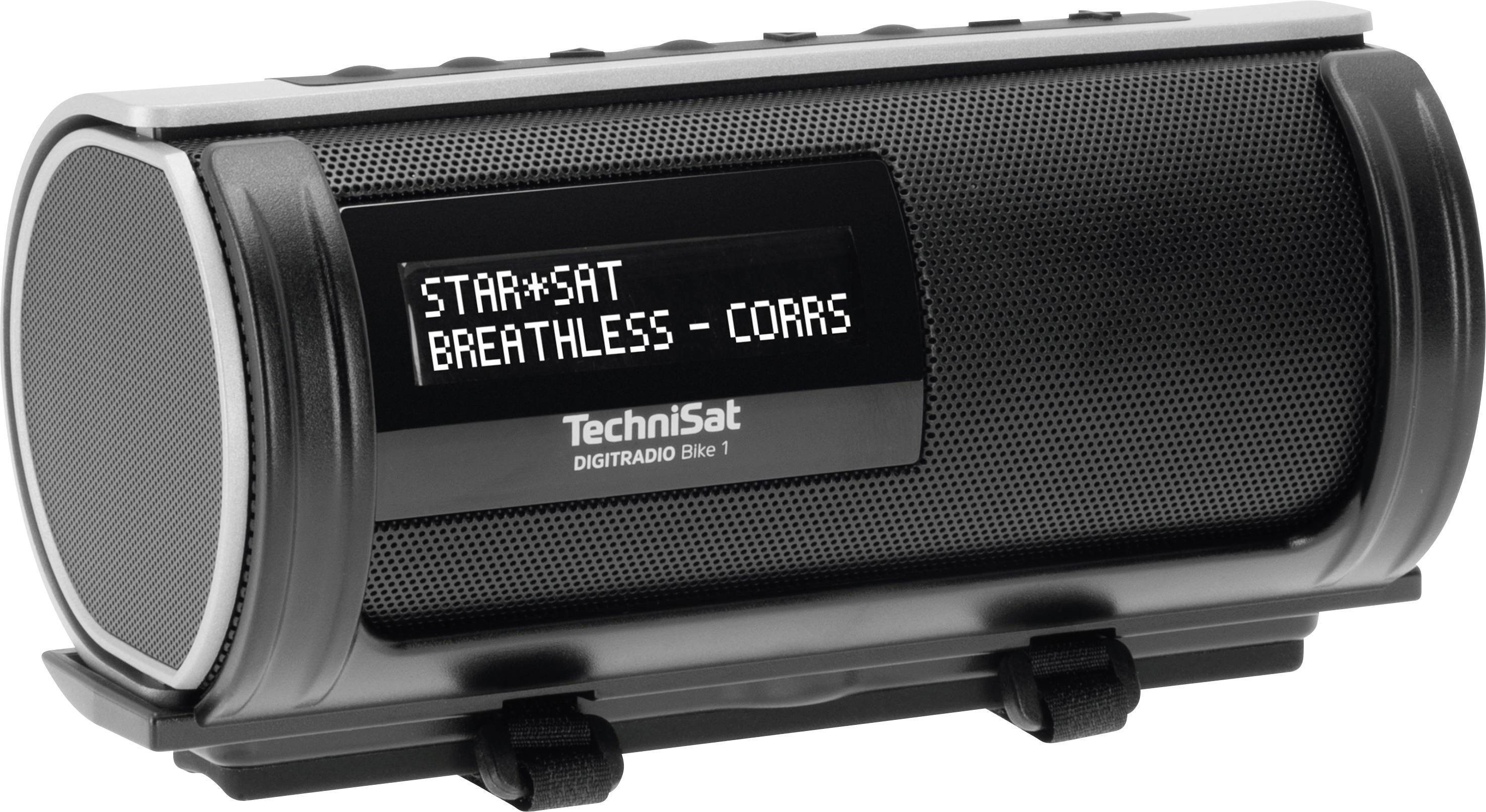 Digitální přenosné rádio s displejem, který zobrazuje 'STAR**SAT' a 'BREATHLESS - CORRS'. Černé pouzdro, obdélníkový tvar.
