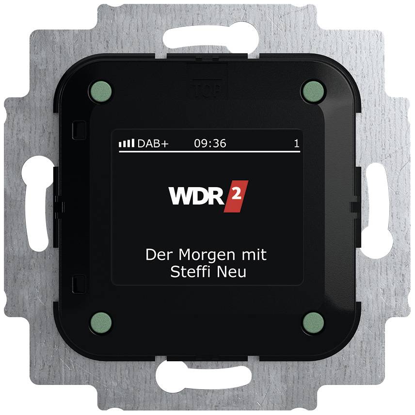 Digitální rádio DAB+ zobrazuje 'WDR 2' a 'Der Morgen mit Steffi Neu' na černém displeji se stříbrným rámečkem.
