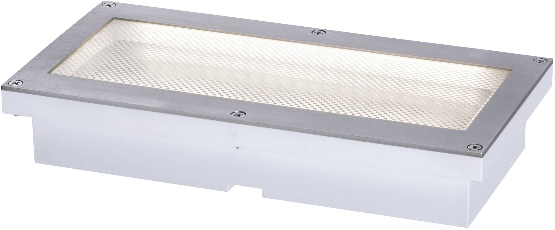 Obdélníkové zemní svítidlo s kovovým rámem a skleněným krytem. Hodí se pro nenápadné venkovní osvětleníchodníků nebo vstupních prostorů.