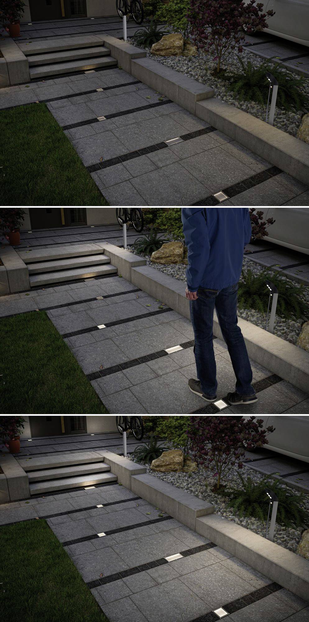 Osoba stojí na osvětleném chodníku vedle schodiště a zahrady. Dlažební kostky s integrovanými světelnými panely označují cestu v noci.