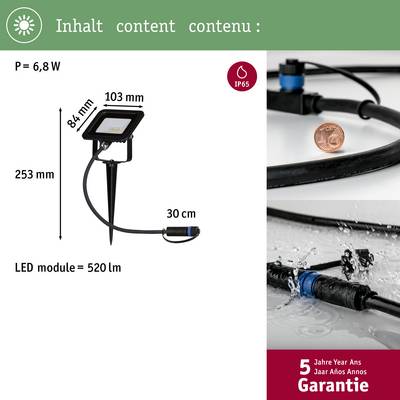 'LED reflektor se zemním hrotem, IP65, rozměry: 253 x 103 mm, výkon: 6,8 W, 520 lm, 5 let záruka. Kabel dlouhý 30 cm, úsporný.'