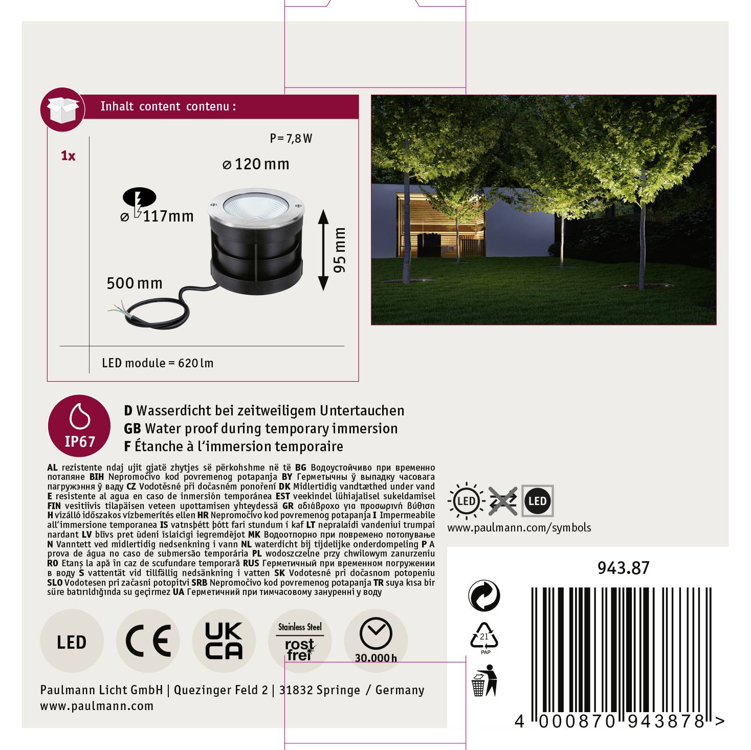 'Paulmann venkovní svítidlo s ochranou IP67, výkon 7,8W, průměr 120mm, výška 117mm, délka kabelu 500mm. Vhodné pro dočasné ponorné nasazení.'