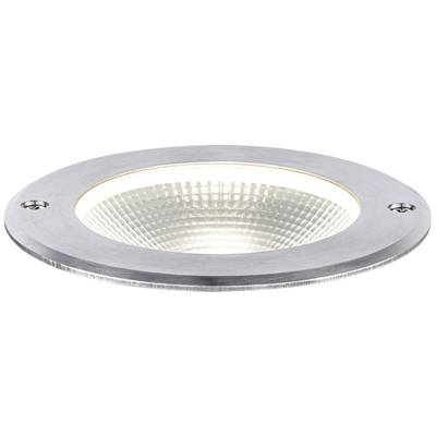 Kulatá plochá LED podlahová svítilna z kovu s viditelnými šrouby, vhodná do exteriéru, s designem nerezové oceli. Ideální pro chodníky.