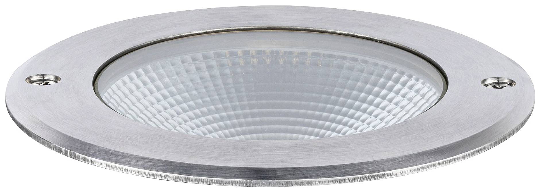 Kulatá stříbrná vestavná svítidla s rýhovaným skleněným krytem, vhodná pro montáž na podlahu nebo stěnu.