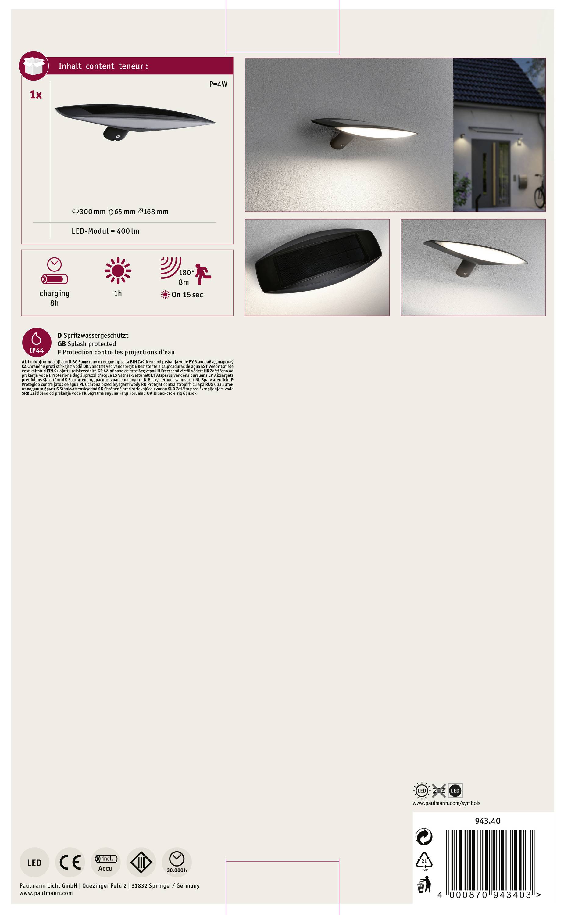 Nástěnná lampa s LED osvětlením. Obsahuje detaily o rozměrech (400x200x75 mm), světelném výkonu (400 lm) a energetické třídě (F).