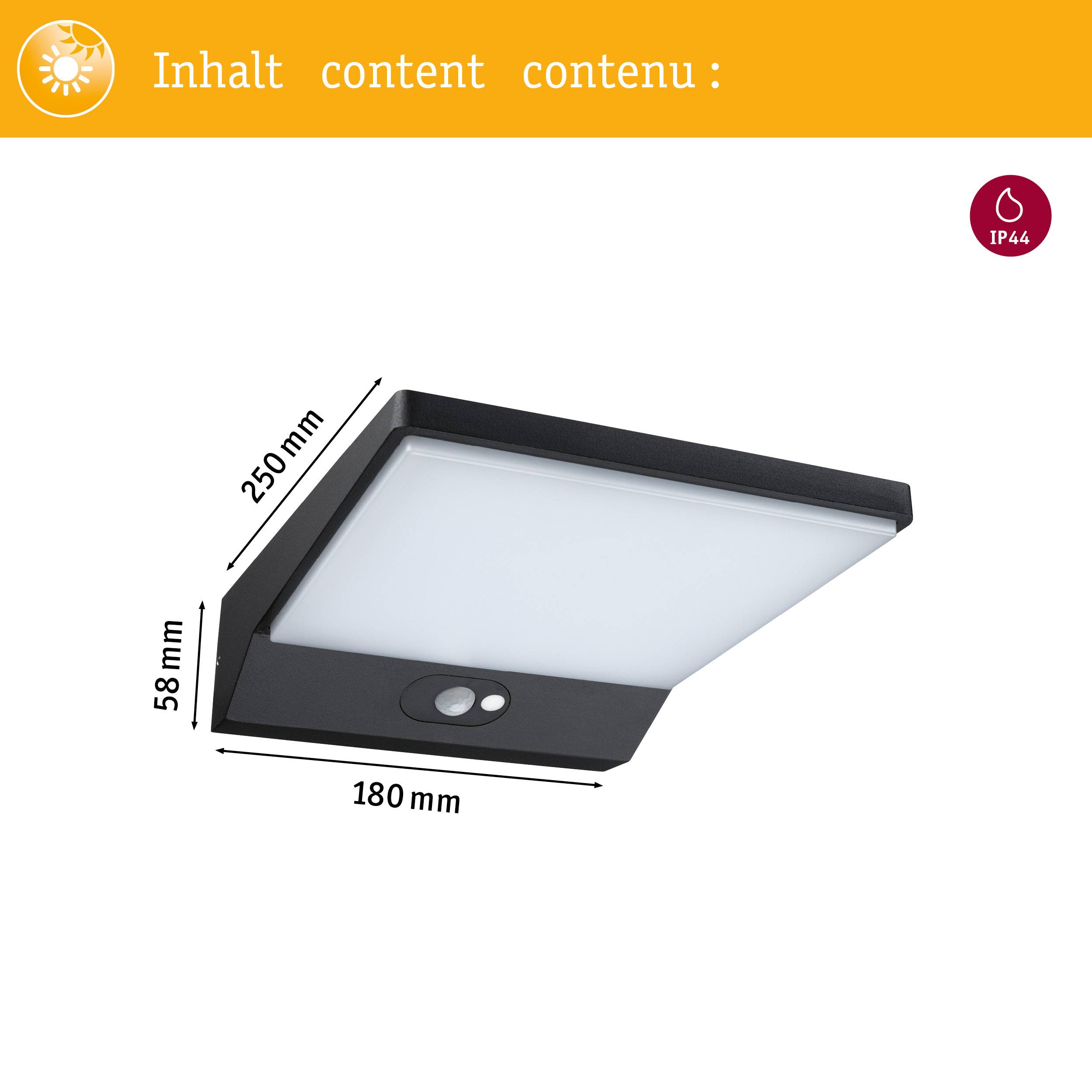 Venkovní svítidlo s pohybovým senzorem, černé, LED, rozměry: 250 mm x 180 mm x 58 mm, IP44 pro ochranu proti povětrnostním vlivům.
