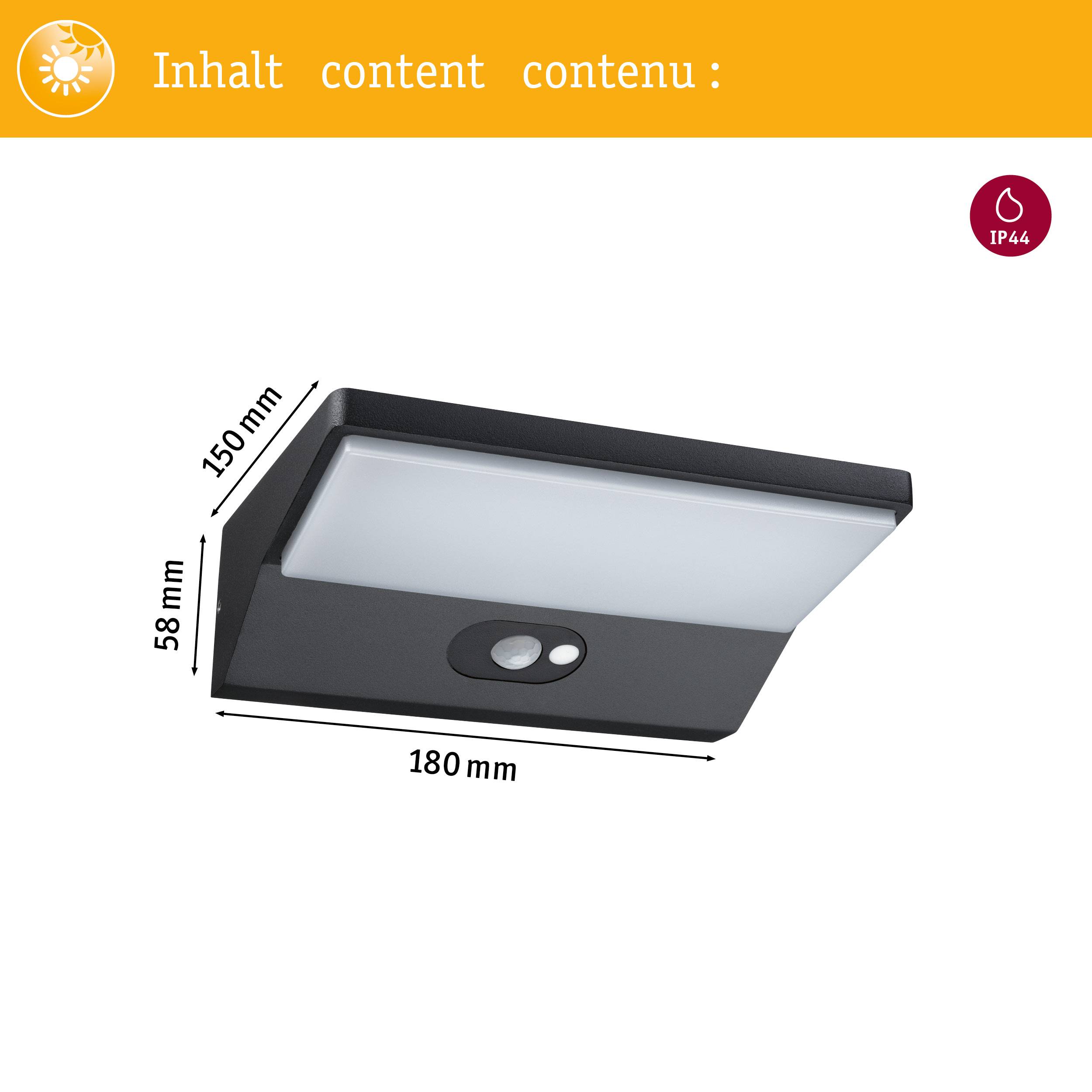 Obdélníkové nástěnné svítidlo s pohybovým senzorem. Rozměry: 150 mm x 180 mm x 58 mm. Vhodné pro venkovní použití (IP44).