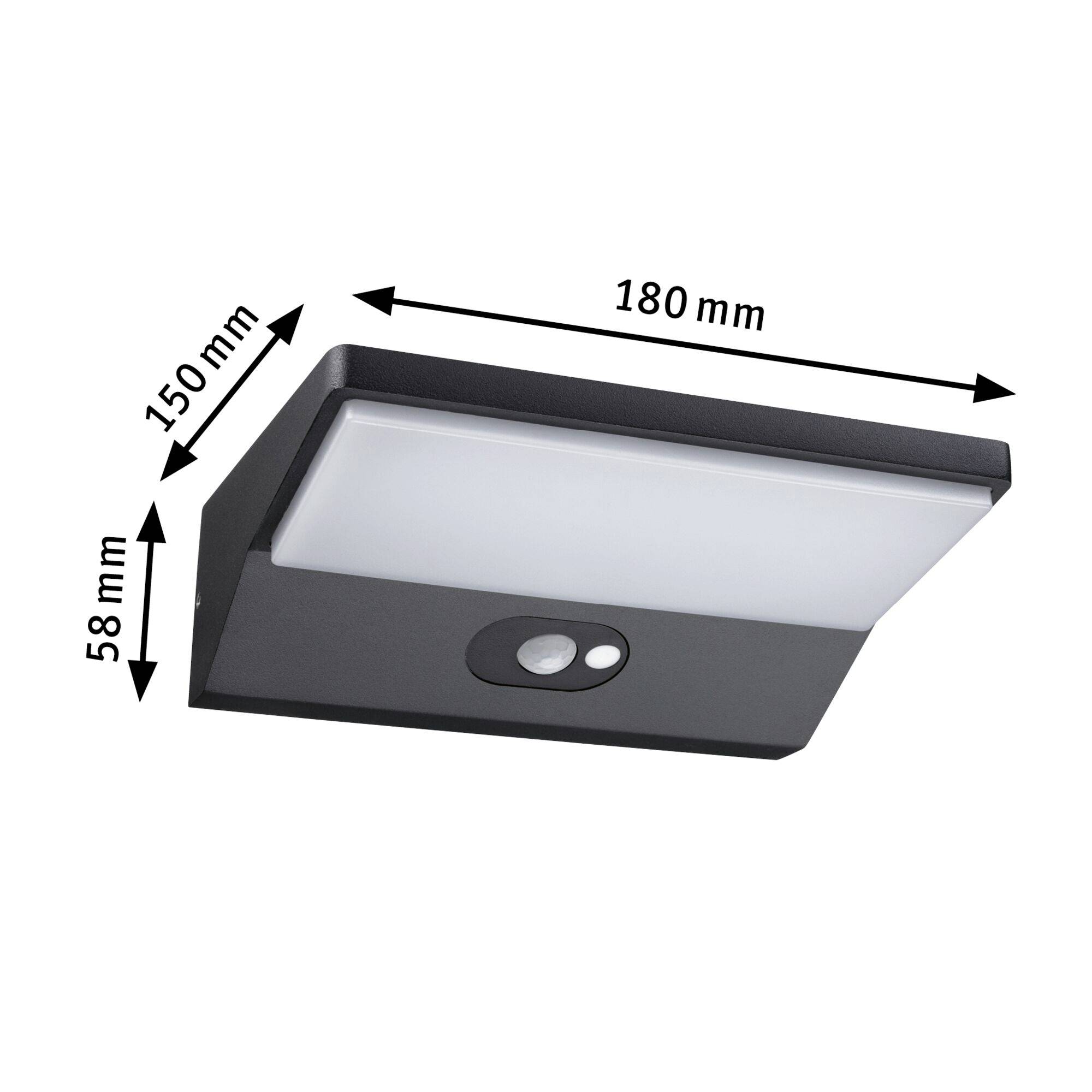 Solární lampa se senzorem, rozměry: 180x150x58 mm, černé tělo. Obdélníkový tvar s bílým světelným panelem, vhodná do exteriéru.