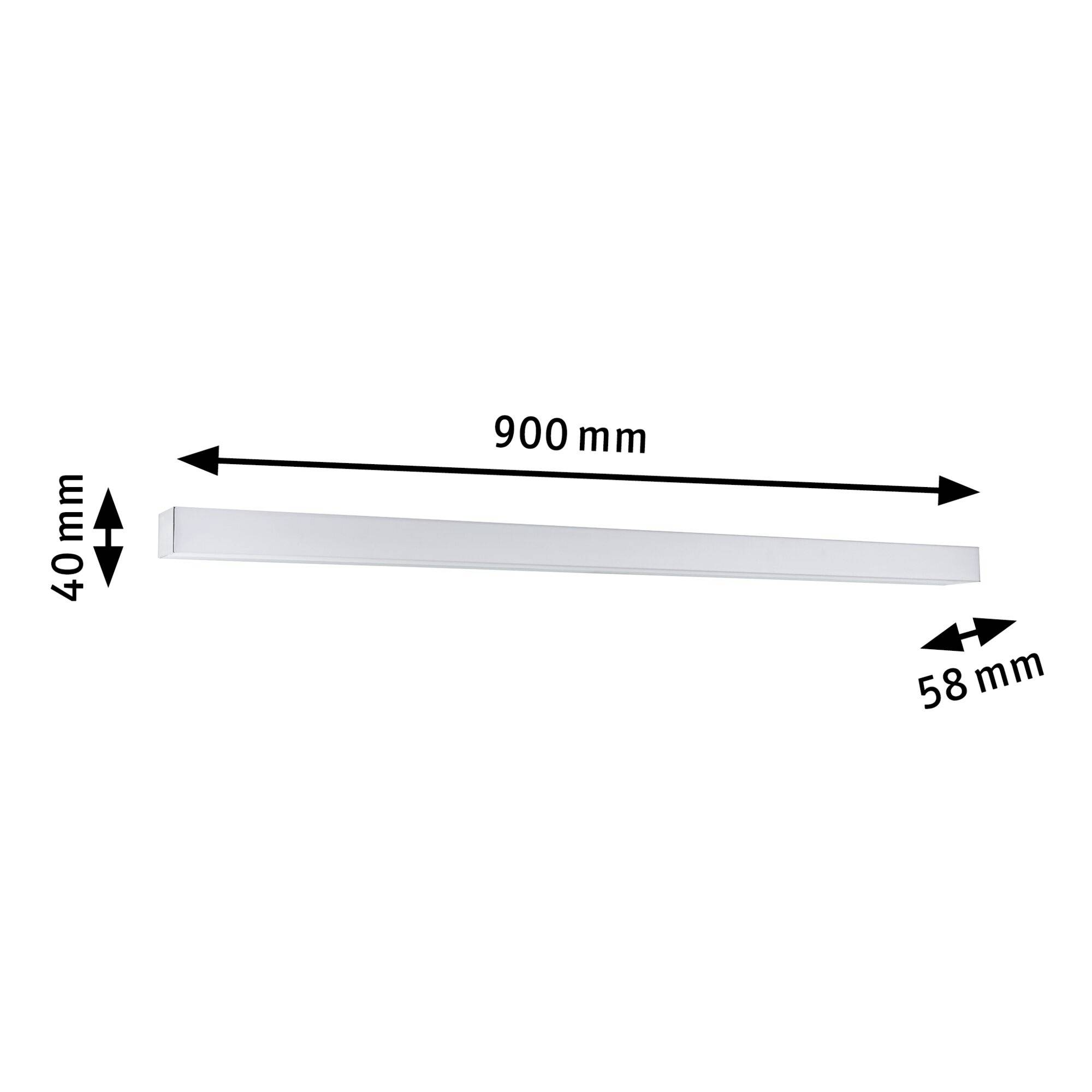 Obdélníková světelná lišta v bílé barvě s rozměry: délka 900 mm, výška 40 mm, hloubka 58 mm.