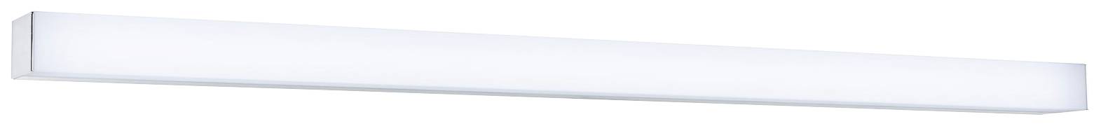 Podlouhlé, moderní stropní svítidlo s bílým, pravoúhlým designem, které vyzařuje rovnoměrné světlo.