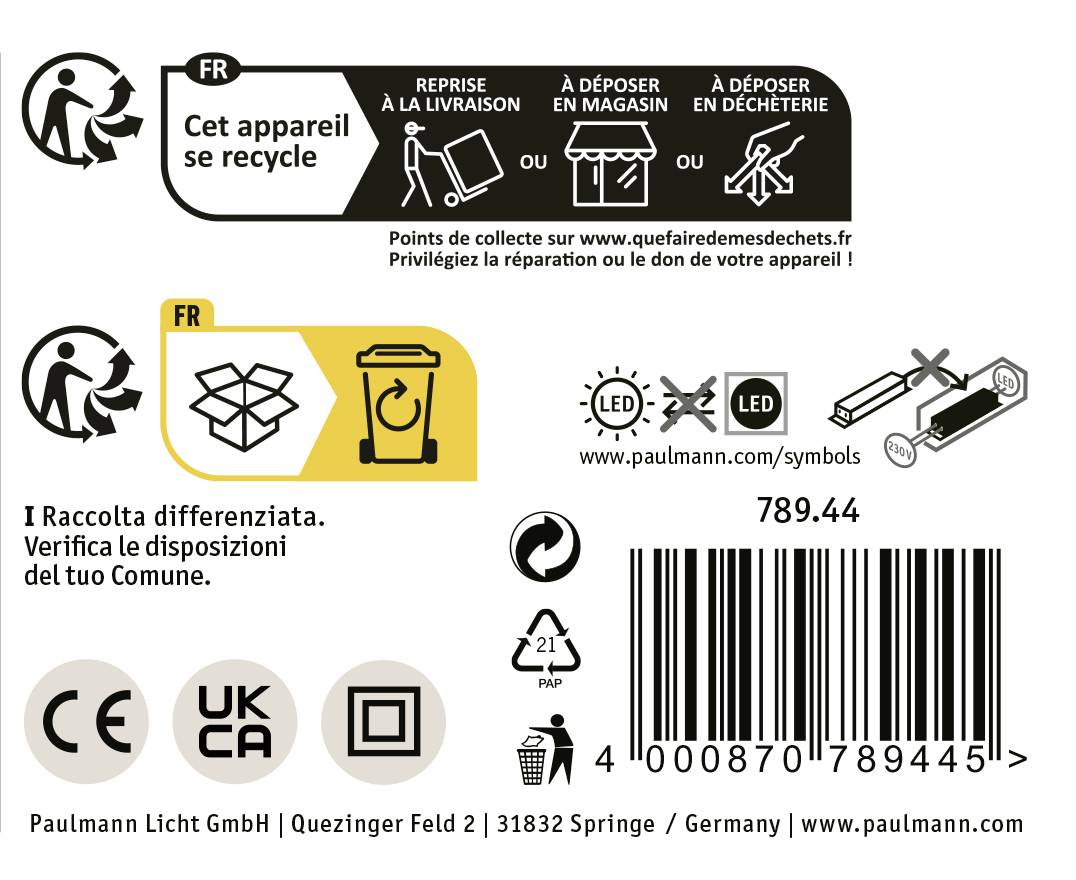 Pokyny k likvidaci a recyklaci v několika jazycích. Symboly pro recyklaci, vratky, energetickou účinnost a varování.