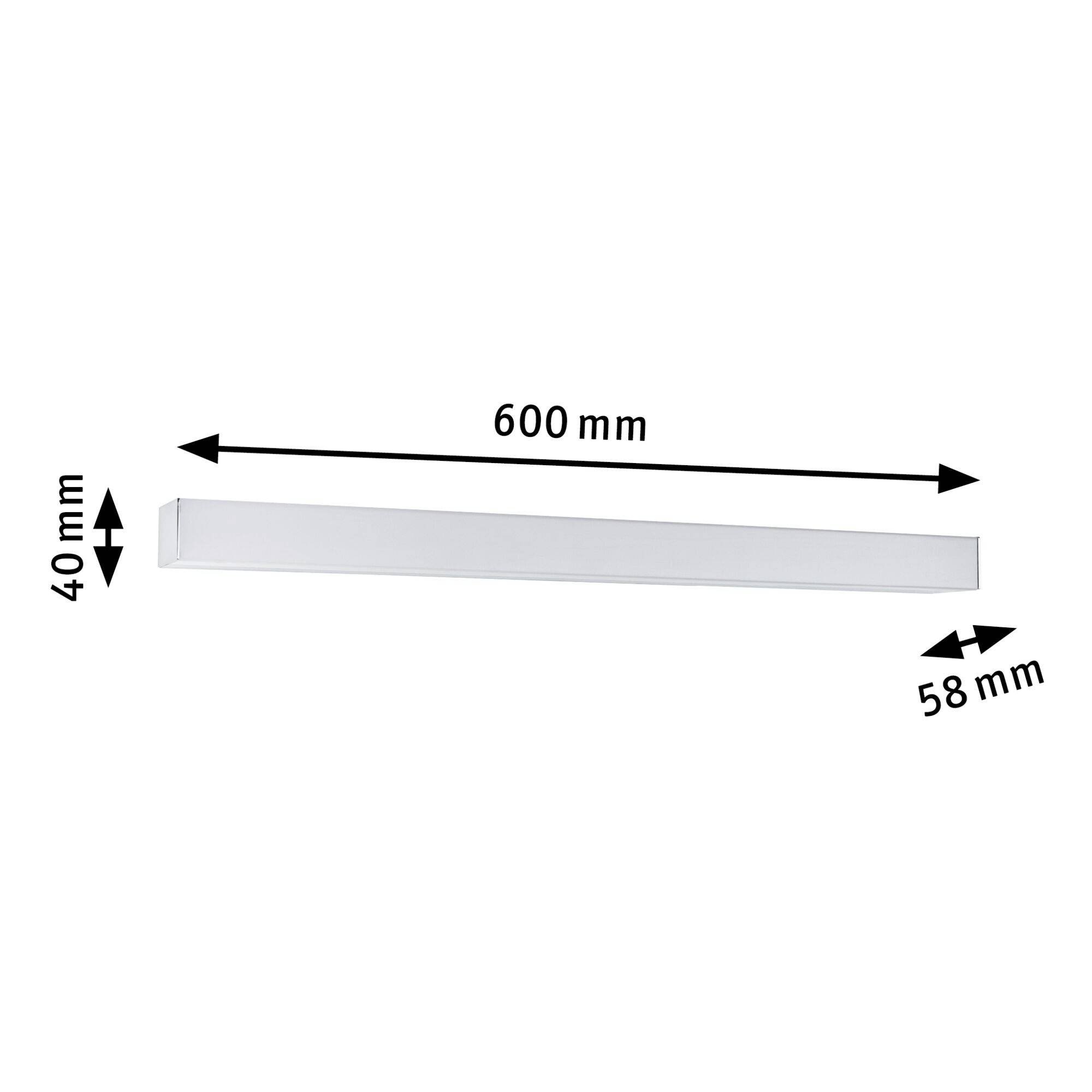 Obdélníkový objekt o rozměrech: délka 600 mm, šířka 58 mm, výška 40 mm, s šipkami pro vyznačení velikosti.