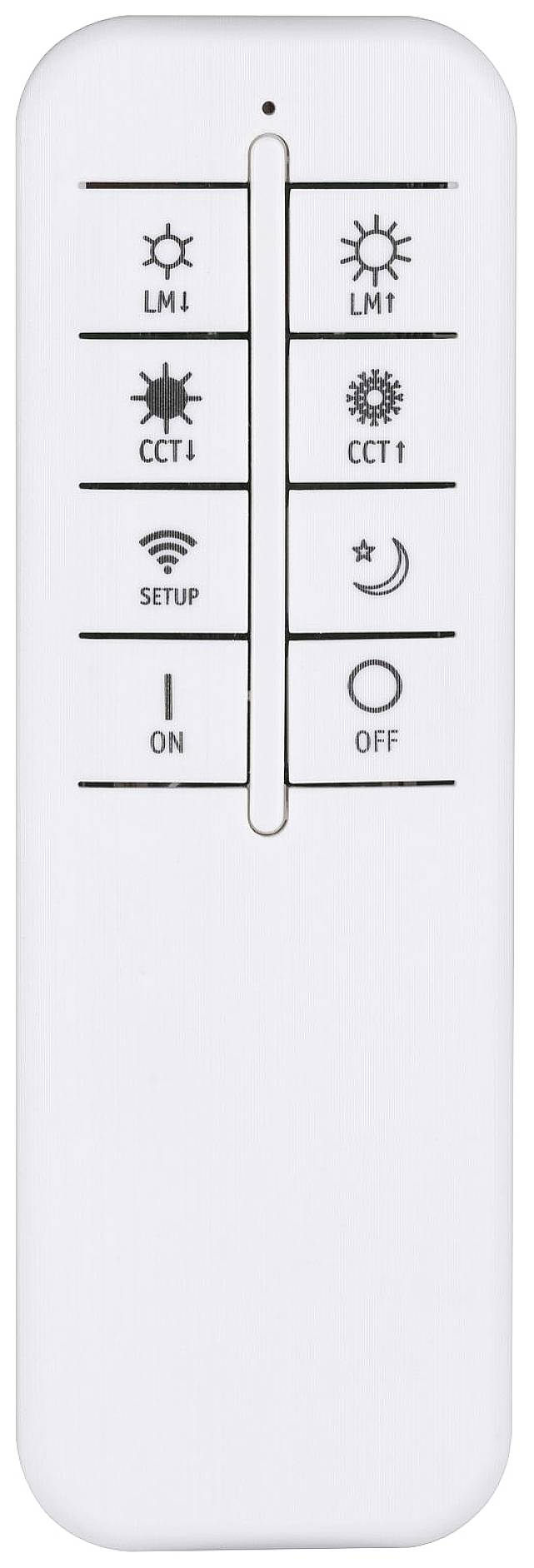 Bílý dálkový ovladač s tlačítky pro jas, teplotu barev, nastavení, zapnutí/vypnutí. Symboly slunce, lampy, Wi-Fi a měsíce.