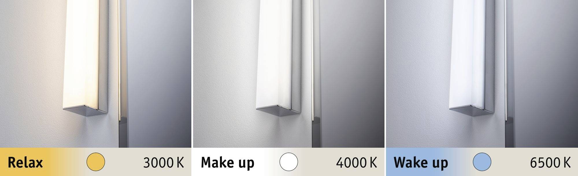 Tři obrázky nástěnných lamp s různými barevnými teplotami: 'Relax' při 3000 K, 'Make up' při 4000 K a 'Wake up' při 6500 K.