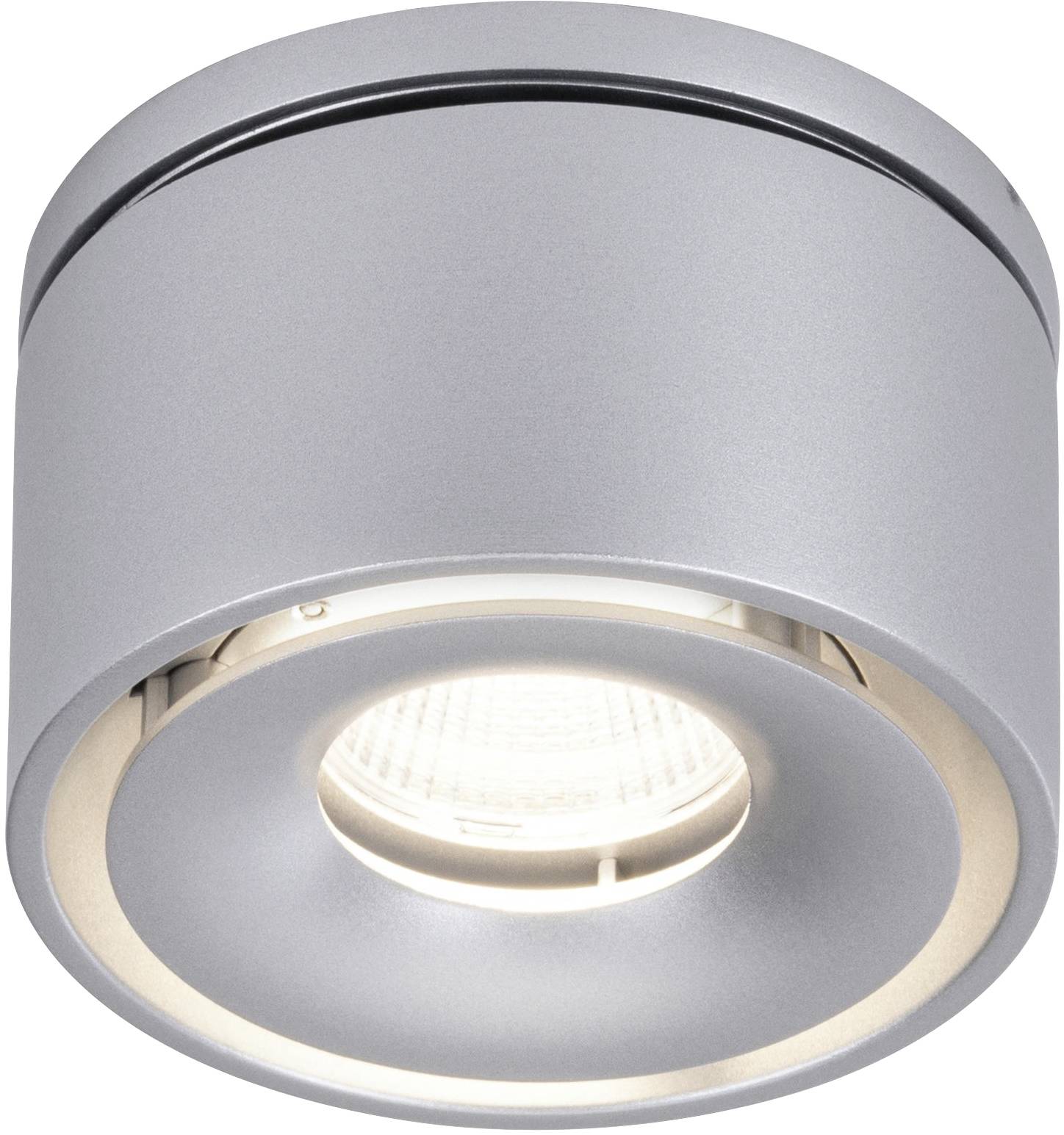 Stříbrná, válcovitá stropní lampa s viditelným světelným zdrojem, vhodná pro moderní interiérové osvětlení.