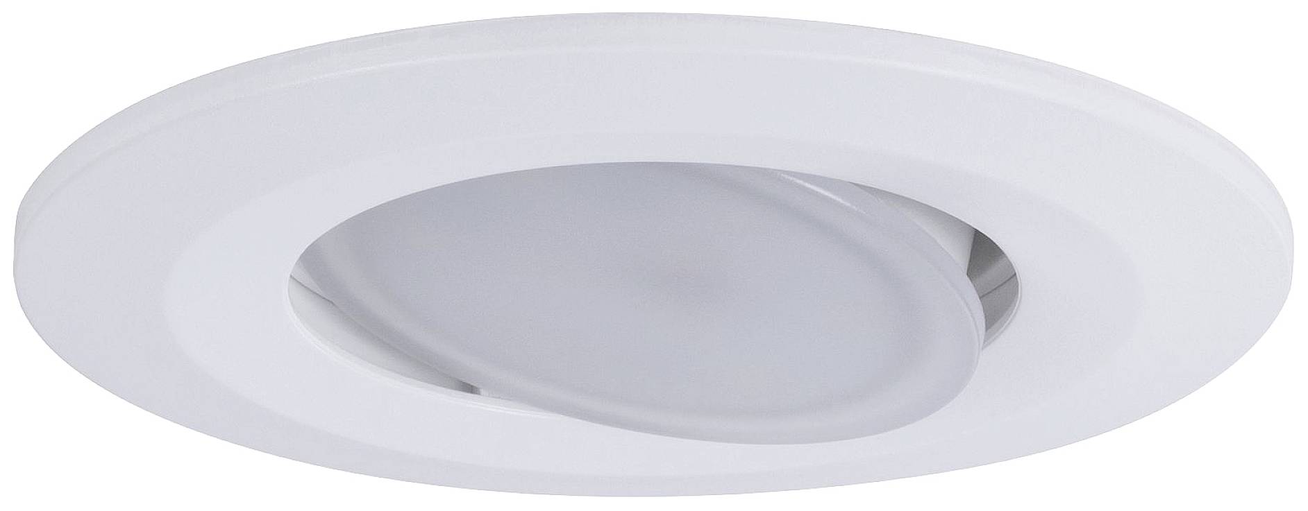 Vestavěné svítidlo v jednoduchém, bílém designu, lehce zapuštěné do stropu, s kulatým rámečkem a matným vnitřkem.