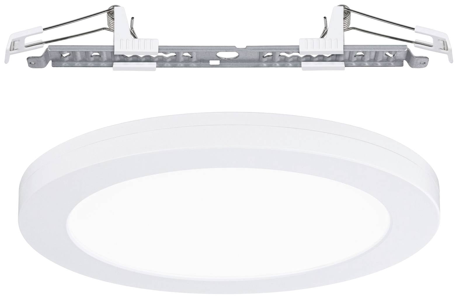Kulatý bílý LED panel se svorkou pro montáž na strop. Ideální pro rovnoměrné, moderní osvětlení v interiérech.