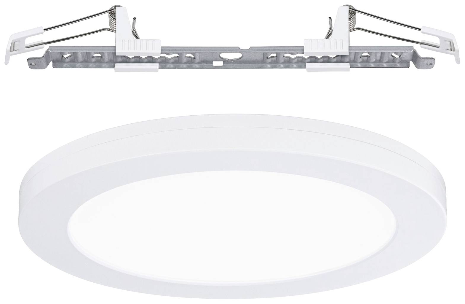 Kulatá plochá stropní LED svítidla v bílé barvě s montážní konzolí. Ideální pro moderní interiéry s jednoduchým instalačním mechanismem.