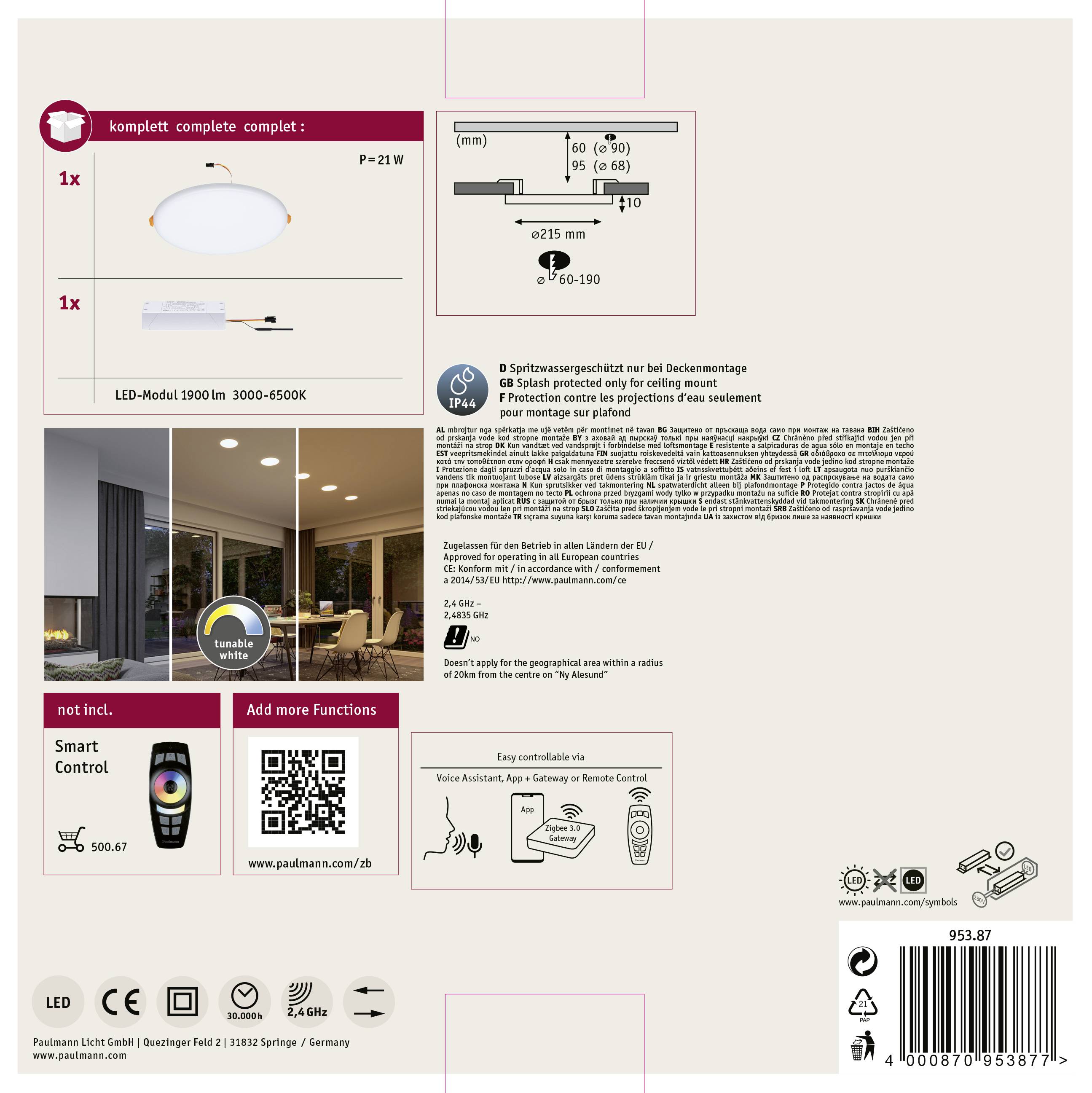 Kompletní sada pro stropní svítidlo: LED modul 1900 lm, 3000-4500K, dálkové ovládání součástí. Rozměry: Ø25 mm, 9-60-190.